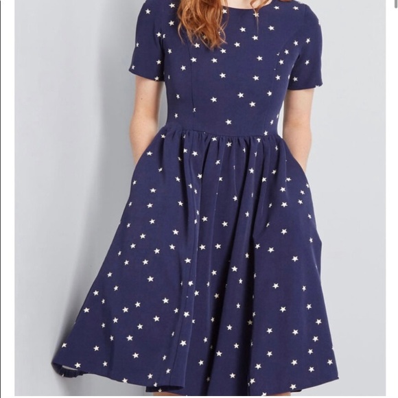 Factual Classic A line Dress  by ModCloth. Navy blue, white stars  with pockets. - Picture 4 of 16